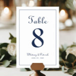 Numeração De Mesa Marinho Elegante Mesa azul Recepção de casamento<br><div class="desc">O sinal de festa de número de tabela de casamento design apresenta uma elegância clássica com o marinho azul clássico em um fundo branco nítido. Personalize a design de mesa de casamento com seu nome, data de casamento e número de tabela em letra de tendências e roteiro. A parte traseira...</div>