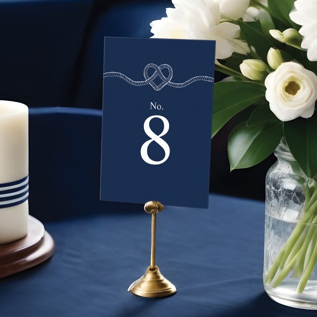 Numeração De Mesa Marinho Náutico do Coração de casando e Branco (Tying The Knot Rope Heart Nautical Navy & White Table Number)