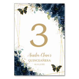 Numeração De Mesa Marinho Quinceañera Azul Borboletas Douradas Flora