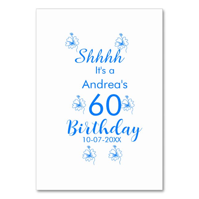 Numeração De Mesa Mauve branco azul shhhh 60.º aniversário nome flor (Frente)