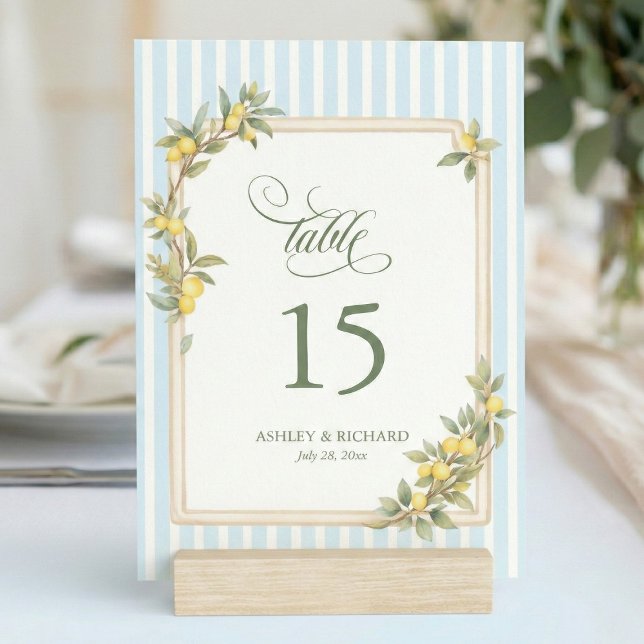 Numeração De Mesa Mediterranean Lemon Coastal Stripe Wedding (elegant personalized mediterranean lemon coastal blue stripe table number with script calligraphy)