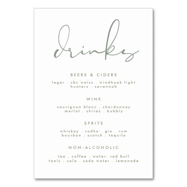 Numeração De Mesa Menu de Bebida de Casamento Branco Verde do Sábio  (Frente)