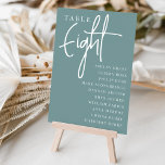 Numeração De Mesa Mesa com Script Mão OITO   Nomes de Convidado<br><div class="desc">Cartões simples e chic em aqua empoeirado e branco fazem uma declaração elegante no seu casamento ou evento. Design apresenta "mesa [number]" em uma combinação de olhares de serif clássica e de caracteres de script manuscritos, com nomes individuais de convidados por baixo. Design repete-se de ambos os lados. Cartões numerados...</div>
