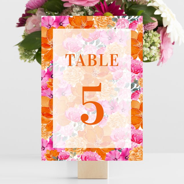 Numeração De Mesa Mesa Floral Laranja Rosa Desbotada 5 Casamento (Criador carregado)