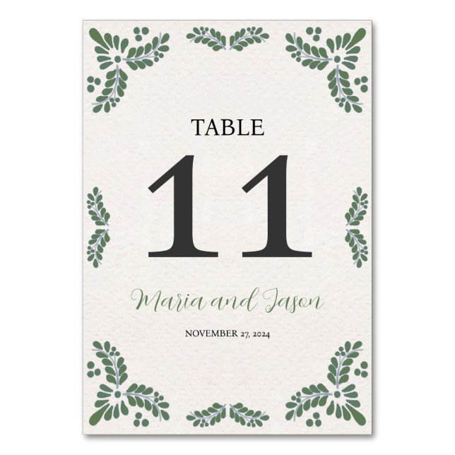 Numeração De Mesa Mexican Talavera Green Floral Minimalist Wedding (Frente)