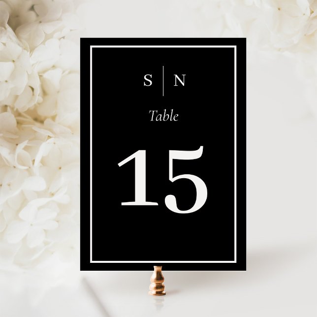 Numeração De Mesa Mínimo e Chic | Preto Escuro com Casamento Frontei (A dark black minimalist wedding table number)