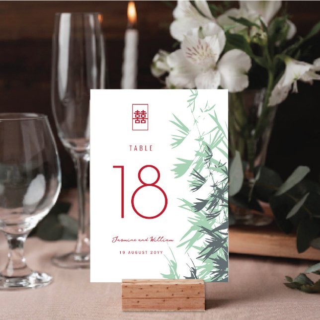 Numeração De Mesa Mint Green Bamboo deixa casamento de felicidade du (Mint Green Zen Bamboo Leaves Double Happiness Chinese Wedding Table Number Card @ fatfatin_red_knot)