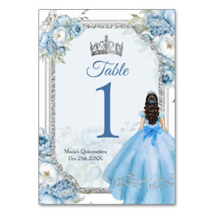 Numeração De Mesa Mis Quince Blue Floral Silver Crown Quinceañera