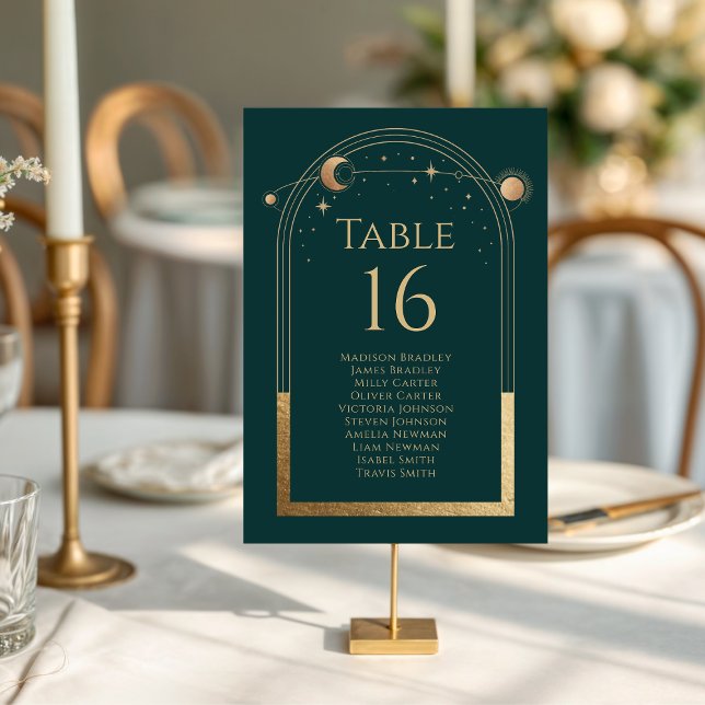 Numeração De Mesa Mística Verde Dourada Sol Lua Estrelas Casamento (Criador carregado)