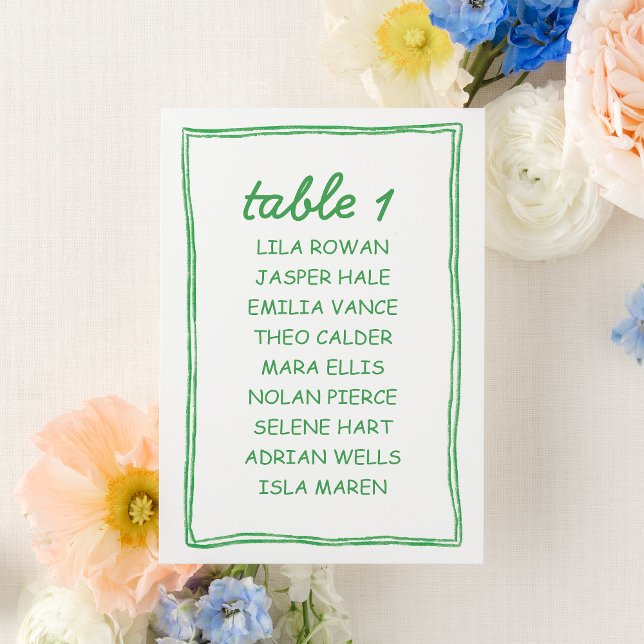 Numeração De Mesa Modern Green Doodle Wedding Seating Chart Card (Criador carregado)