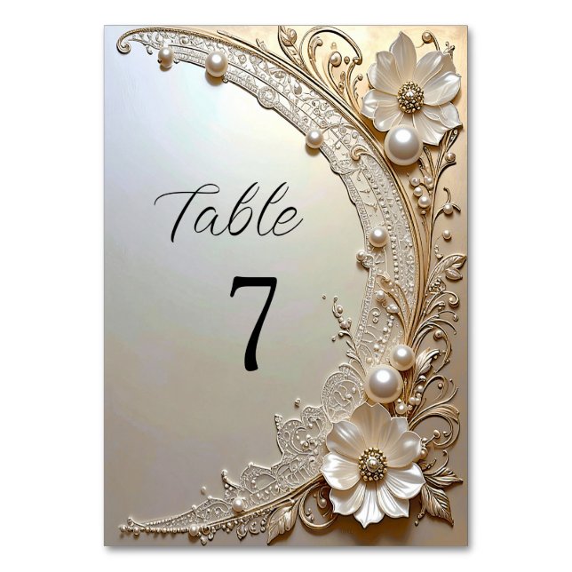 Numeração De Mesa Modern White Flowers Pearls Table Number (Frente)