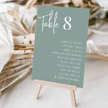 Numeração De Mesa Moderno Manuscrito   Nomes de Convidado Clássicos<br><div class="desc">Cartões simples e chic em Eucalyptus Green e White fazem uma declaração elegante no seu casamento ou evento. Design apresenta "mesa [número]" em letra de script manuscrita,  com nomes de convidado individuais abaixo na tipografia da serif do eterno. Design repete-se de ambos os lados.</div>