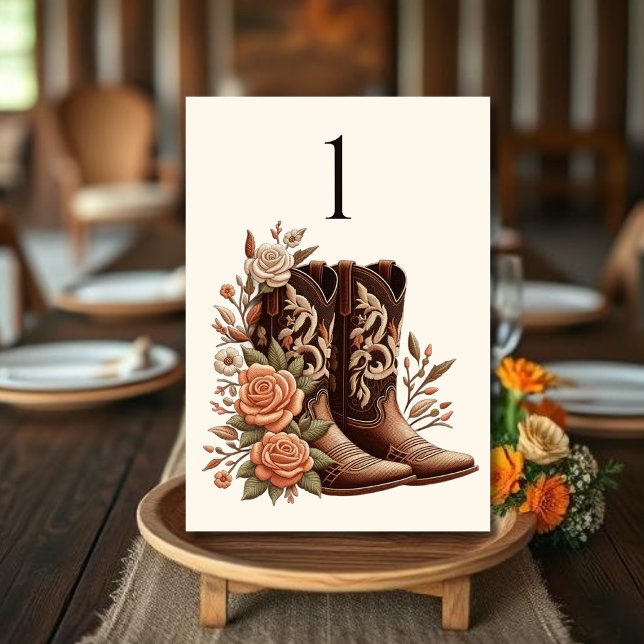 Numeração De Mesa Moderno País Elegante - Flores Ocidentais (Country Western-Flowers with Cowboy Boots-Wedding Table Numbers)