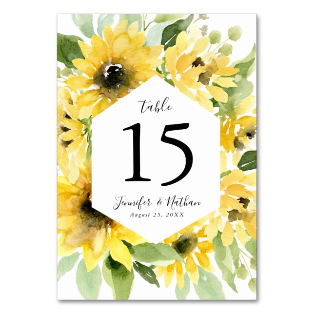 Numeração De Mesa Moldura Floral de Girassóis em Aquarela | Casament (Frente)