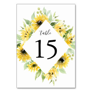 Numeração De Mesa Moldura Floral de Girassóis em Aquarela Casament
