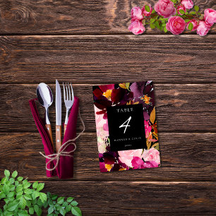 Numeração De Mesa Moldura Floral Rosa-Rosa-Borgonha Preta Elegante