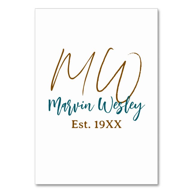 Numeração De Mesa Monogram brown blue turquoise est.year simple mini (Frente)