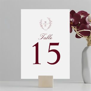 Numeração De Mesa Monograma Botânico Elegante Casamento Borgonha