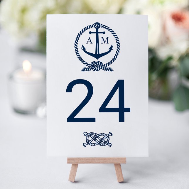 Numeração De Mesa Monograma de Casamento Azul Marinho Náutico (Criador carregado)