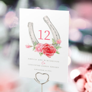 Numeração De Mesa Monograma de ferradura e rosas vermelhas rosadas 
