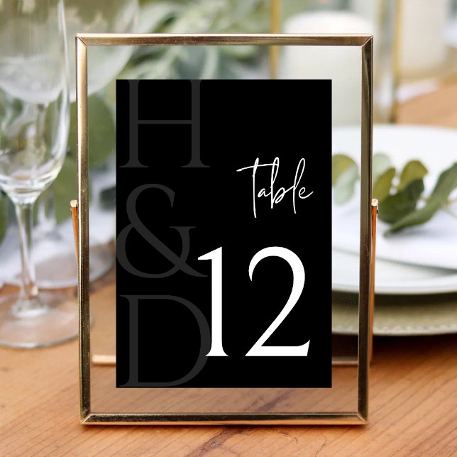 Numeração De Mesa Monograma Preto e Branco Moderno Casamento Minimal (Modern black and white monogram table number adds a sleek, minimalist touch to reception tables.)