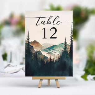 Numeração De Mesa Montanhas Aquarela Floresta de Pinheiros Casamento