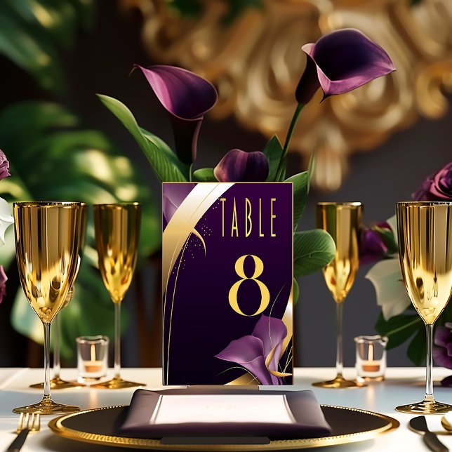 Numeração De Mesa Na moda Purple e Dourada Calla Lily (Sleek Purple Calla Lily and Gold Accent Wedding Table Number  )
