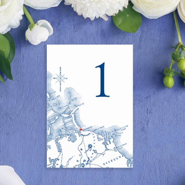 Numeração De Mesa Nantasket Beach Resort MÃE Weding Elegant Marinho  (Nantasket Beach Resort Wedding table number with Hull Massachusetts Map in elegant navy blue)