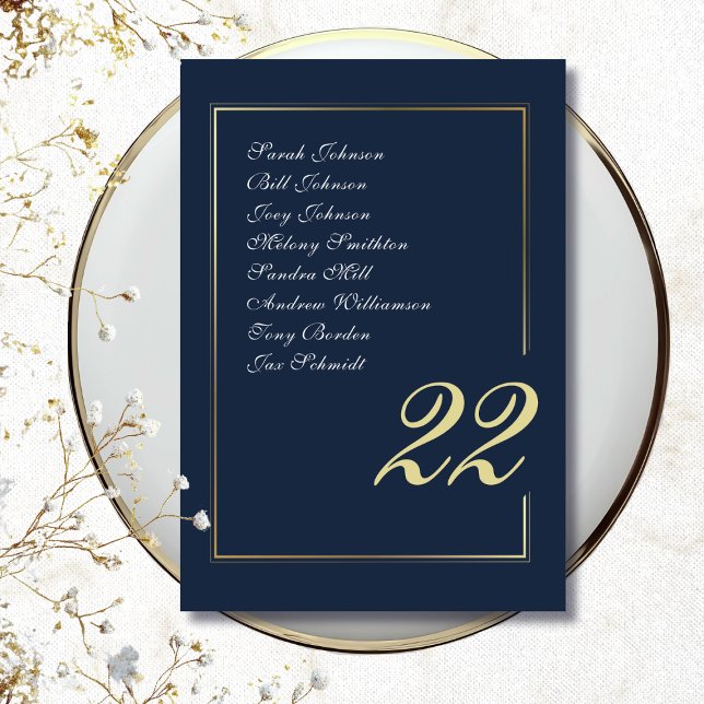 Numeração De Mesa Navy Gold Minimal Script Calligraphy Wedding (Criador carregado)