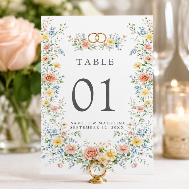 Numeração De Mesa Noiva de Flor de Água Suave Pastel Soft (Soft Pastel Blush Watercolor Wildflower Wedding Table Number)