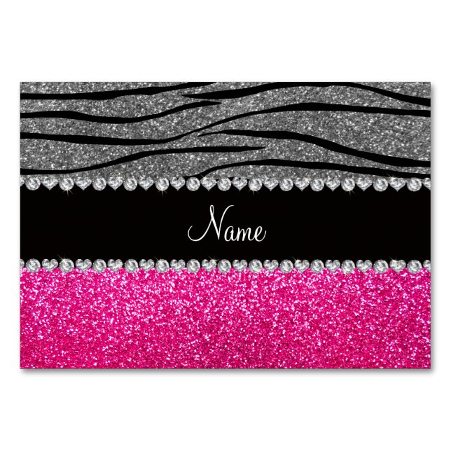 Numeração De Mesa Nome personalizado cor-de-rosa brilho cinza zebra  (Frente)