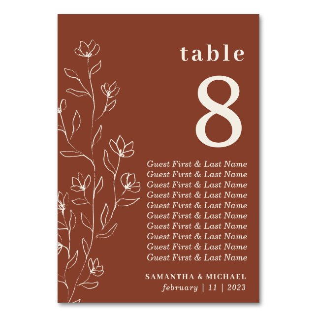 Numeração De Mesa Nomes de assentos do esboço de flor botânica em te (Frente)