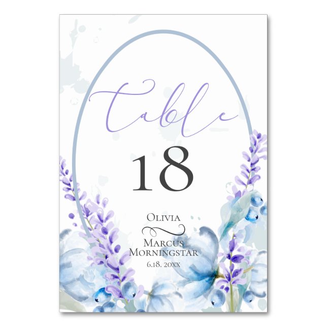 Numeração De Mesa NÚMERO DA MESA | Aquarela Lavanda - Azul Empoeirad (Frente)