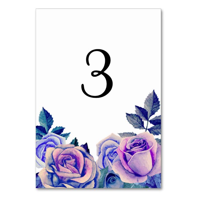 Numeração De Mesa Número da mesa com rosas roxas e azuis. Casamento  (Frente)