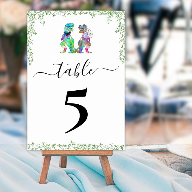 Numeração De Mesa Número da Mesa de Casamento de Dinossauro Noiva e  (Funny T-Rex bride and groom custom dinosaur wedding table number card watercolor Jurassic foliage )