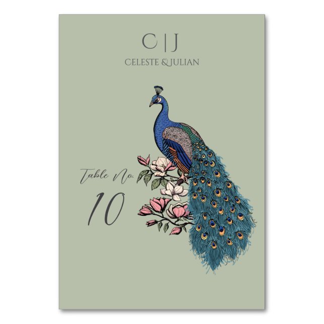 Numeração De Mesa Número da Mesa de Casamento de Pavão Verde da Sage (Frente)