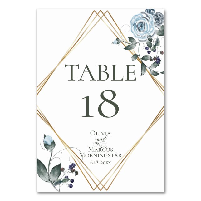 Numeração De Mesa NÚMERO DA MESA | Floral Azul Poeirento Aquarela (Frente)