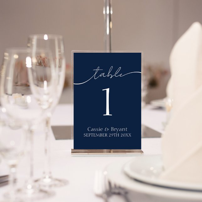 Numeração De Mesa Número da Tabela de Casamento Azul do Marinho Eleg (Elegant Navy Blue Wedding Table Number Sign In Modern Acrylic Stand)