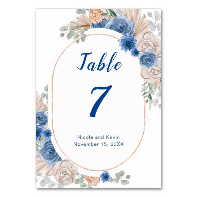 Numeração De Mesa Número da Tabela de Casamento Boho Blue Pampas Gra (Frente)