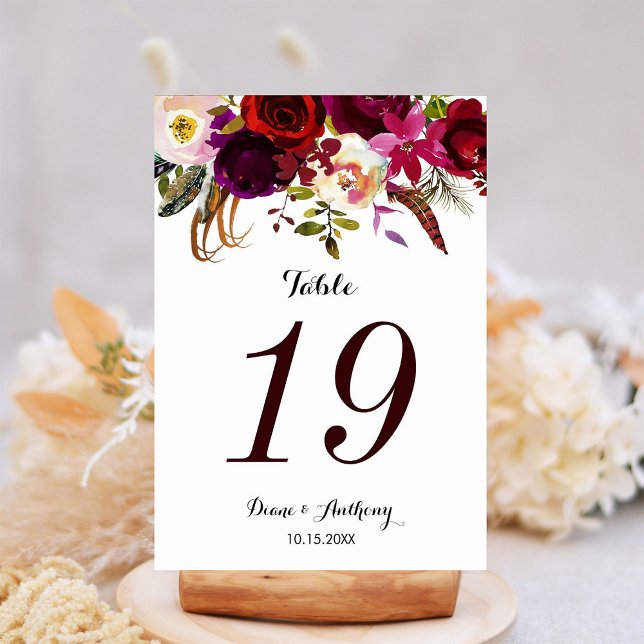 Numeração De Mesa Número da Tabela de Casamento Boho Floral Burgundy (Criador carregado)