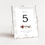 Numeração De Mesa Número da Tabela de Casamento de Frango Boho<br><div class="desc">Número da mesa de casamento rustica e boho com ilustração aquosa de galinhas.</div>