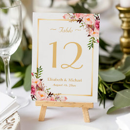 Numeração De Mesa Número da Tabela de Casamento Dourado Floral Rosa-
