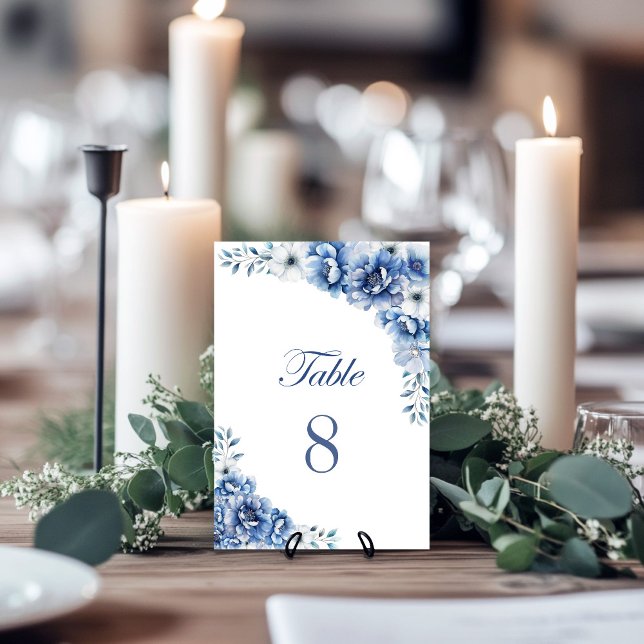 Numeração De Mesa Número da Tabela de Casamento Floral Azul Elegante (Criador carregado)