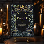 Numeração De Mesa Número da Tabela de Casamento Floral de Raven Góti<br><div class="desc">Design de casamento elegante e gótico com corvos e folhagem. Este design apresenta um fundo preto, com rajadas azuis escuras e folhas verdes mutadas com sotaques dourados. Correspondência de Itens em nosso compro para um tema completo de festa. Design não é folha de papel real. Os itens são impressos exatamente...</div>
