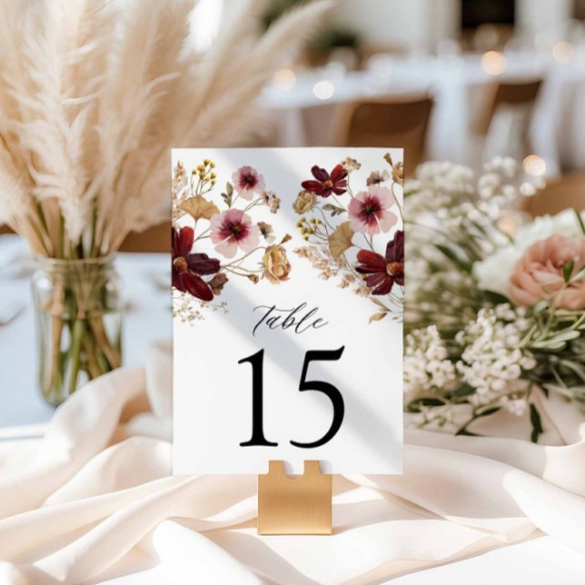 Numeração De Mesa Número da Tabela de Casamento Floral Rustic Burgun (Burgundy Fall Floral Wedding Table Numbers)