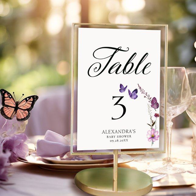 Numeração De Mesa Número da Tabela de Chás de fraldas Selvagens Roxo (butterflies wildflowers table number baby shower bridal wedding birthday party spring summer garden)