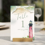 Numeração De Mesa Número da Tabela do Farol de Júpiter de Aquarela<br><div class="desc">Projetada para coordenar com a suíte de papelaria do Farol do Fazenda A Belle, litorânea de Júpiter, esta tabela temática da praia apresenta uma reprodução da minha arte original em aquarela em tons de vermelho, turquesa e verde com o número da sua mesa, nomes e data do casamento. Perfeito para...</div>