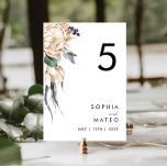 Numeração De Mesa Número da Tabela Floral Branca<br><div class="desc">Projetamos este número da mesa White Floral para completar seu casamento tropical escuro rústico. Com a sua aquarela boêmica verde para as suas modernas flores boho de inverno, incluindo protea, dahlia, e lótus secos, a design deve decifrar o seu tema moderno, minimalista, verde e branco. Altere o texto e adicione...</div>