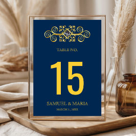 Numeração De Mesa Número de Mesa de Casamento Azul Naval Dourado Flo