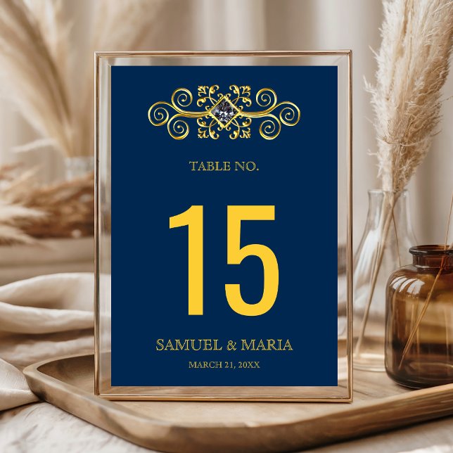 Numeração De Mesa Número de Mesa de Casamento Azul Naval Dourado Flo (Criador carregado)